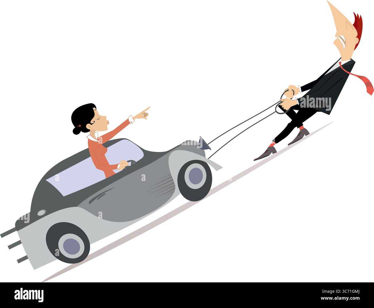 Man dragging a broken car with an angry woman in. Tired man with a ...