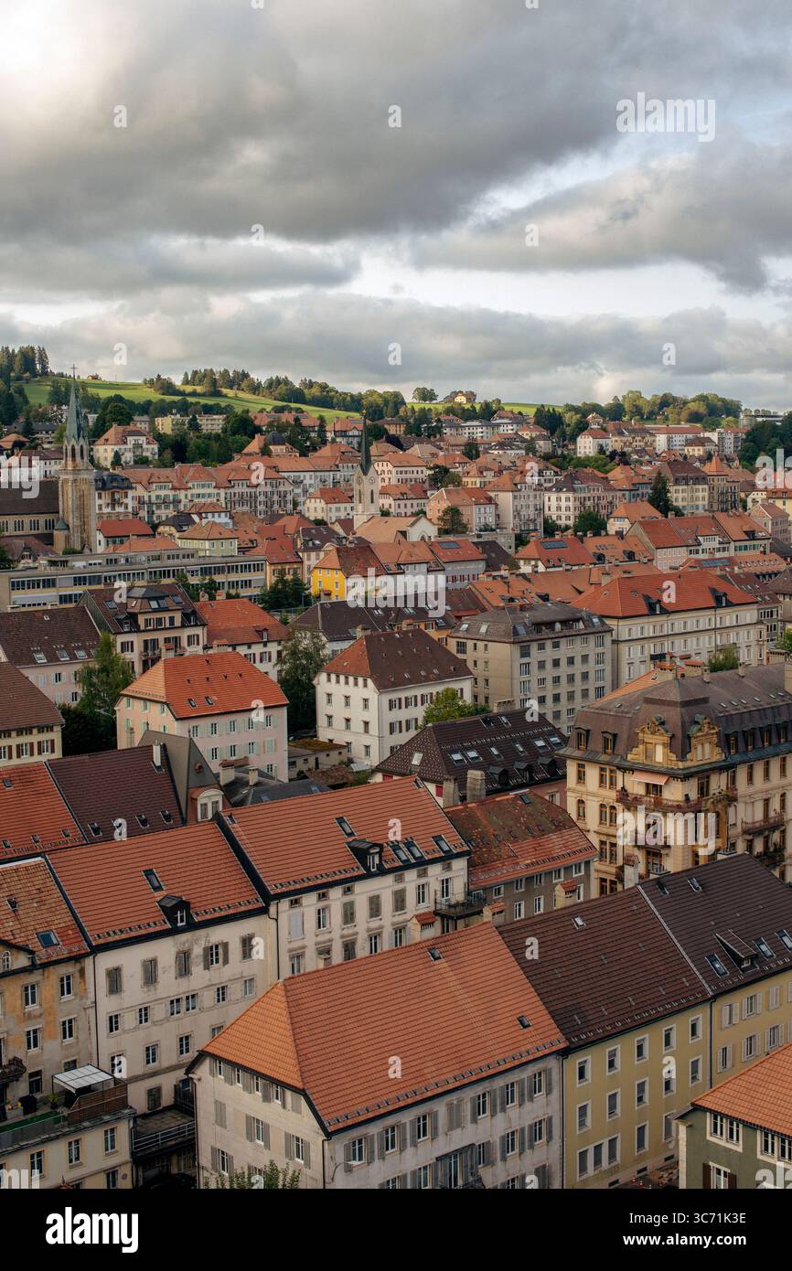 View over La Chaux-de-Fonds, UNESCO World Heritage Site, Neuchatel, Switzerland, Europe. Stock Photo