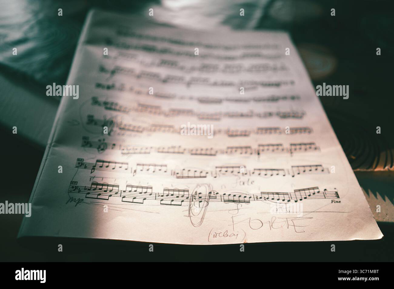 Musical notes with focus on handwritten Forte in foreground. Stock Photo