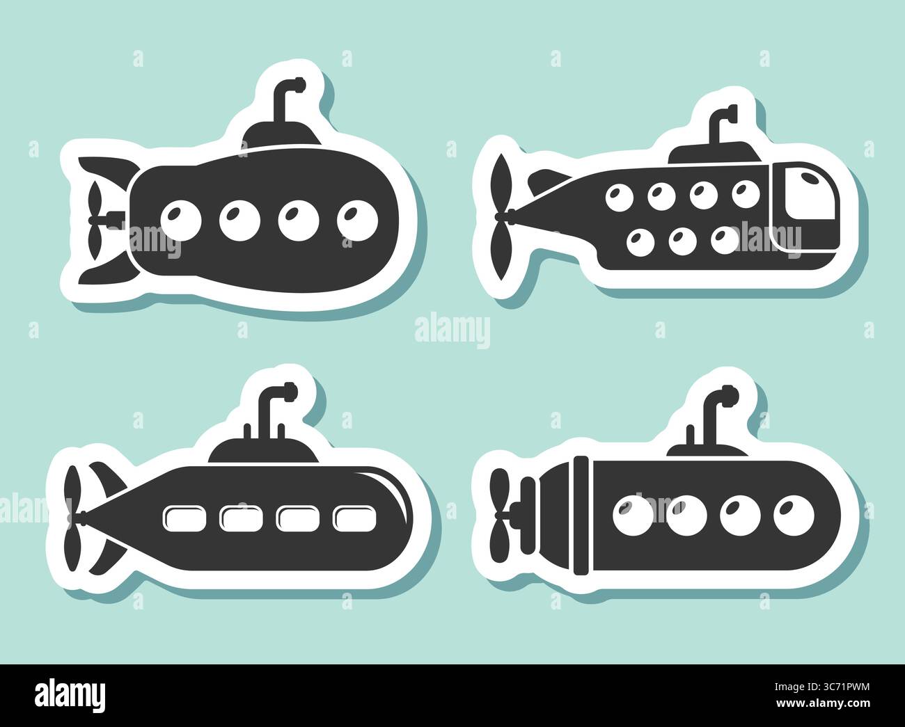 Submarine sticker icon set callection in flat style. Bathyscaphe vector ...