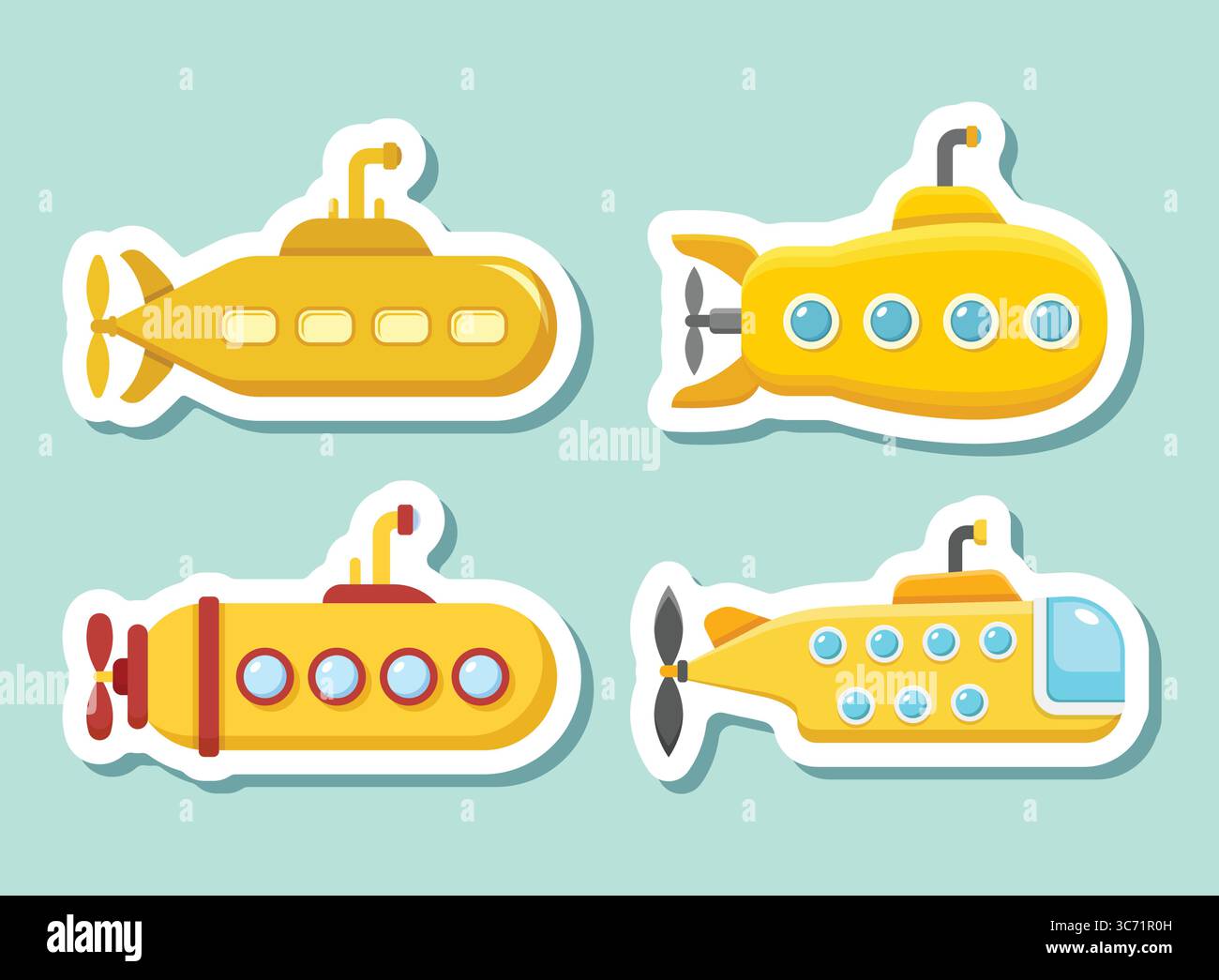 Submarine sticker icon set callection in flat style. Bathyscaphe vector ...