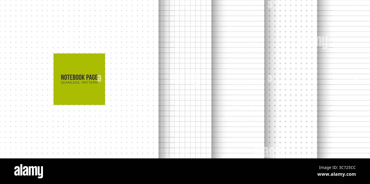 Collection seamless geometric notepad page fill set lined, squared, dotted, cross minimalistic pattern. Simple vector graphic white print background Stock Vector