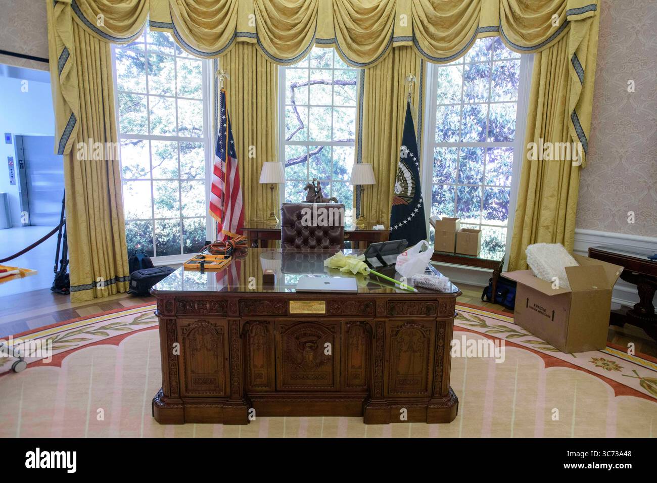 A replica of the Resolute desk is seen during work to transition a ...