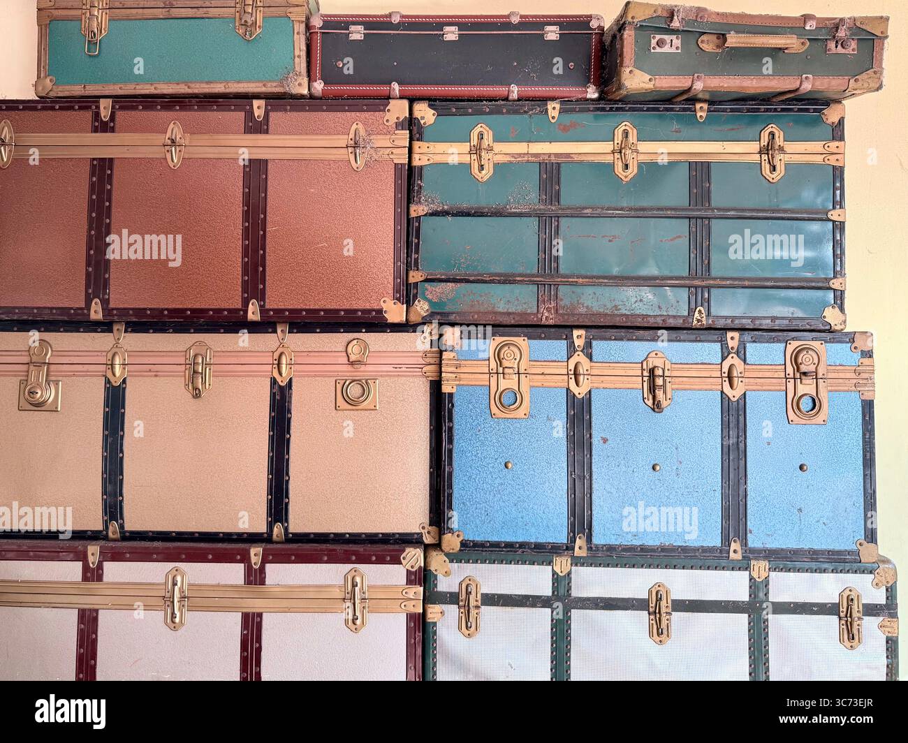 Colourful old fashioned packing cases in bus station in Garda, Italy - Smartphone Captured Stock Image