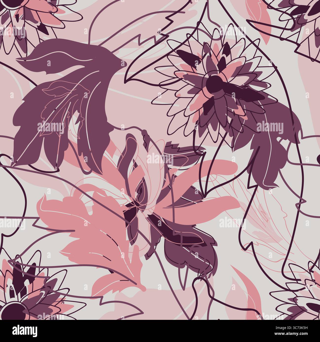 Seamless floral pattern with hand drawn art abstract autumn leaves and ...