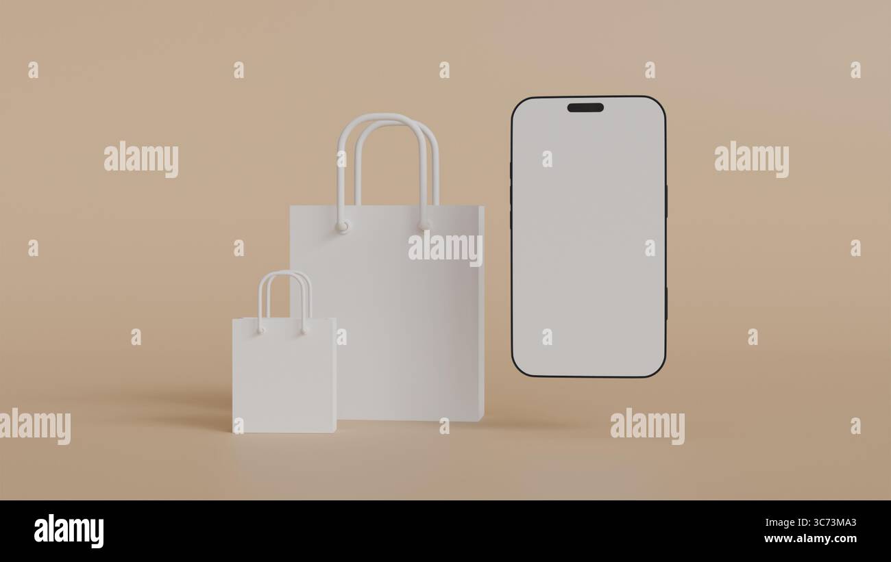 Two white paper bags and a mobile phone with a white screen on a brown background, mockup for design and online shopping via phone Stock Photo