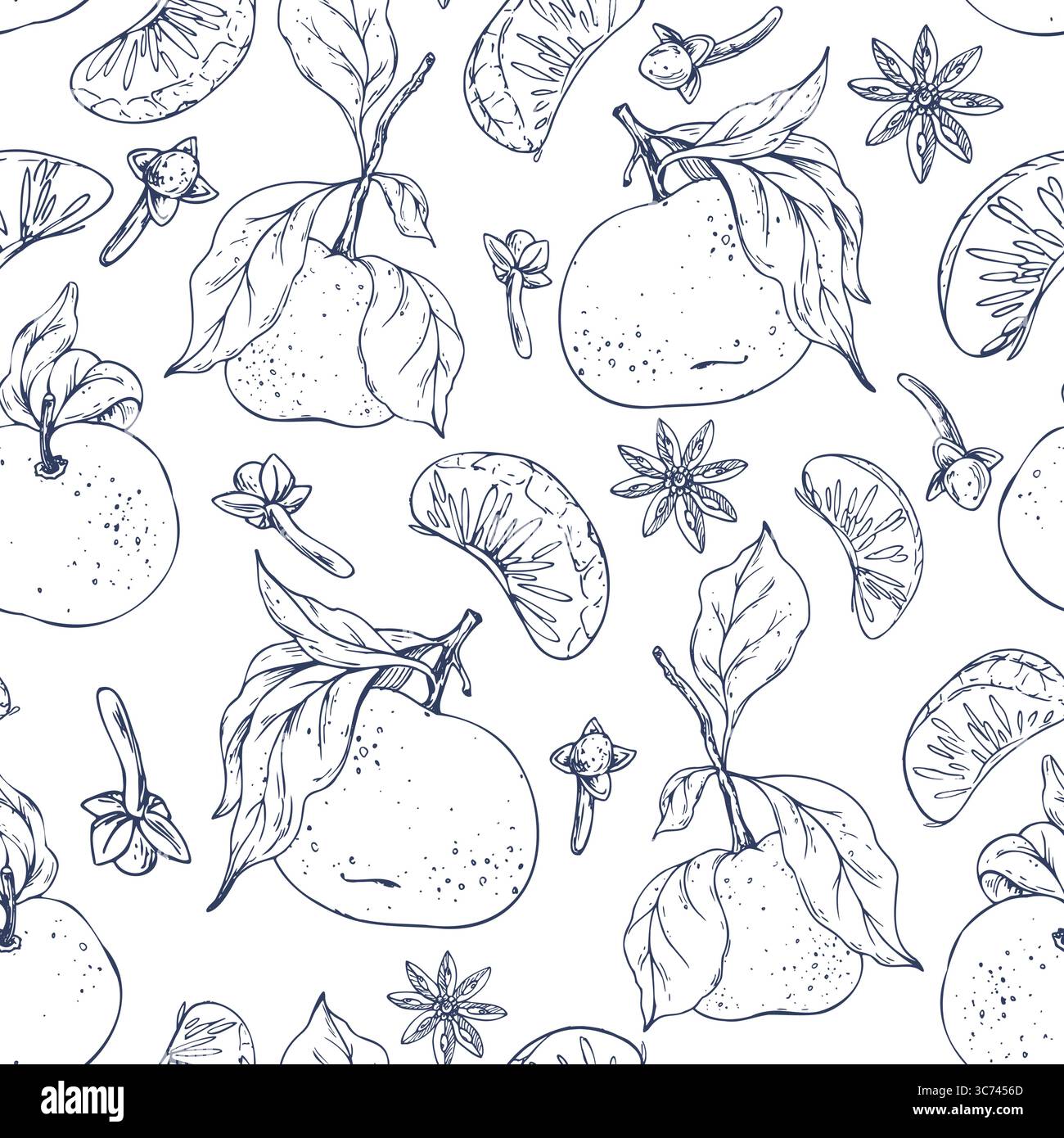 Seamless illustration, hand drawn line art graphics with tangerines, leaves, slices and spices. This festive ink pattern is great for packaging, gift Stock Vector