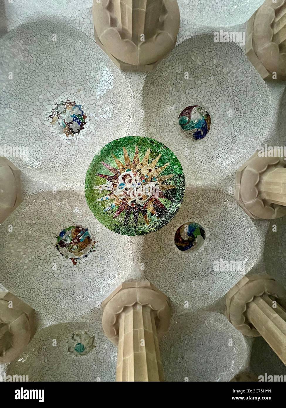 Ceiling mosaic medallions in the Hypostyle Hall of Park Güell, designed by Antoni Gaudí and Josep Maria Jujol, Barcelona, Catalonia, Spain. - Smartphone Captured Stock Image