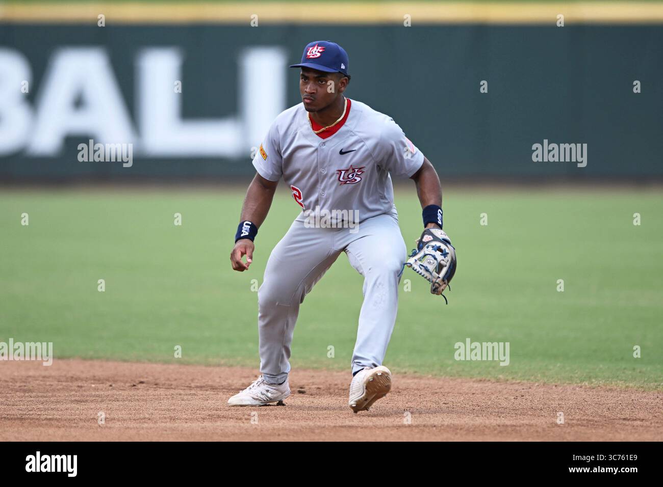 Chris Rembert (2) (Auburn) of Team Stripes in a defensive stance during ...