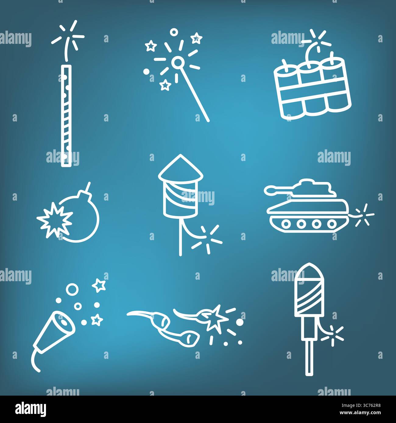 Fireworks with Independence Day Icon Set Stock Vector