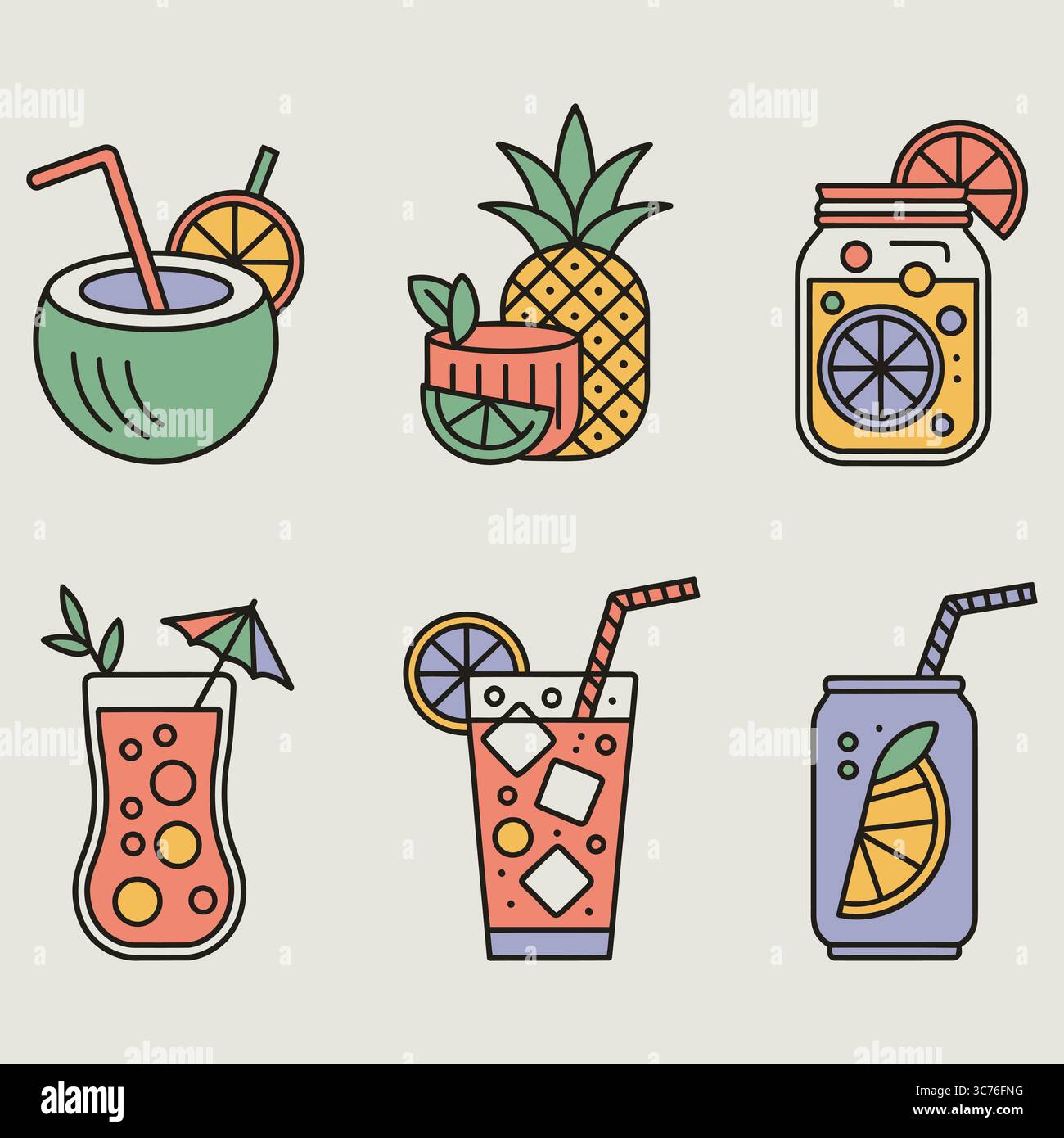 Tropical Summer Drinks: Pineapple, Coconut, & Refreshing Cocktails Stock Vector