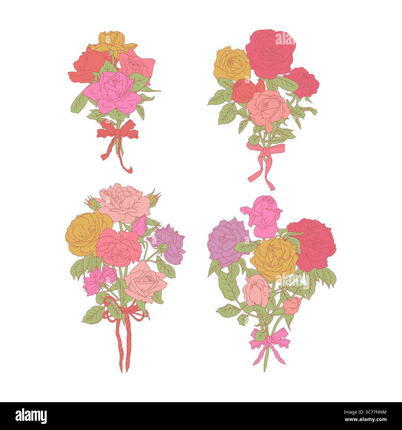 Hand drawn line art retro palette rose flowers bouquets set isolated on ...