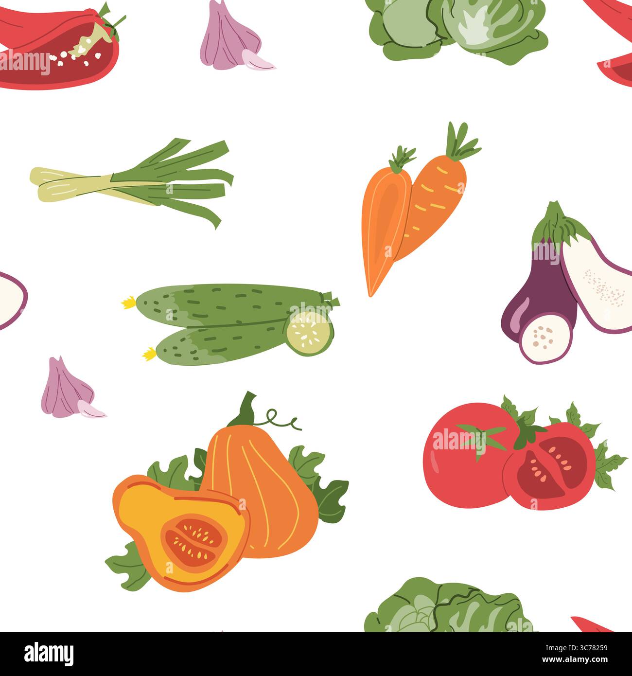 Seamless pattern of fresh vegetables: carrots, cucumbers, tomatoes, and more. Stock Vector