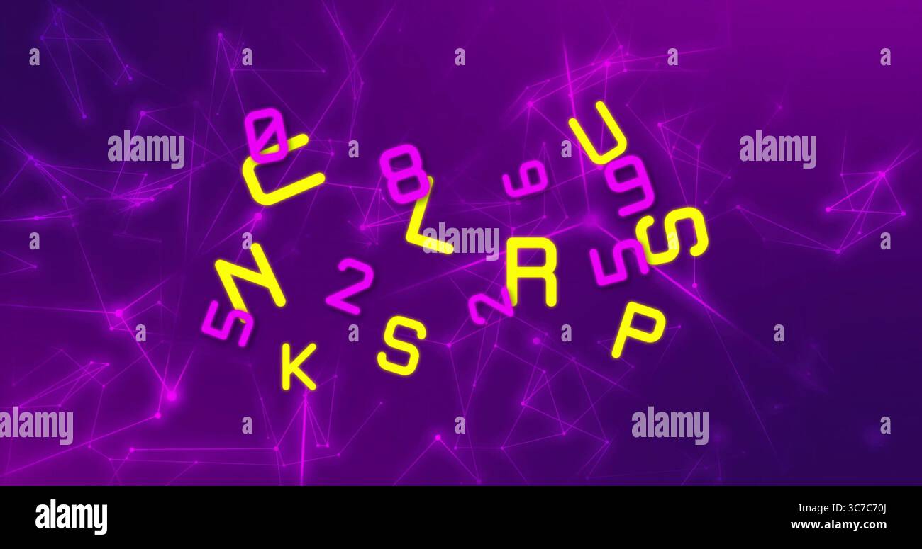Floating neon alphanumeric characters rotating in digital environment, with glowing magenta network Stock Photo
