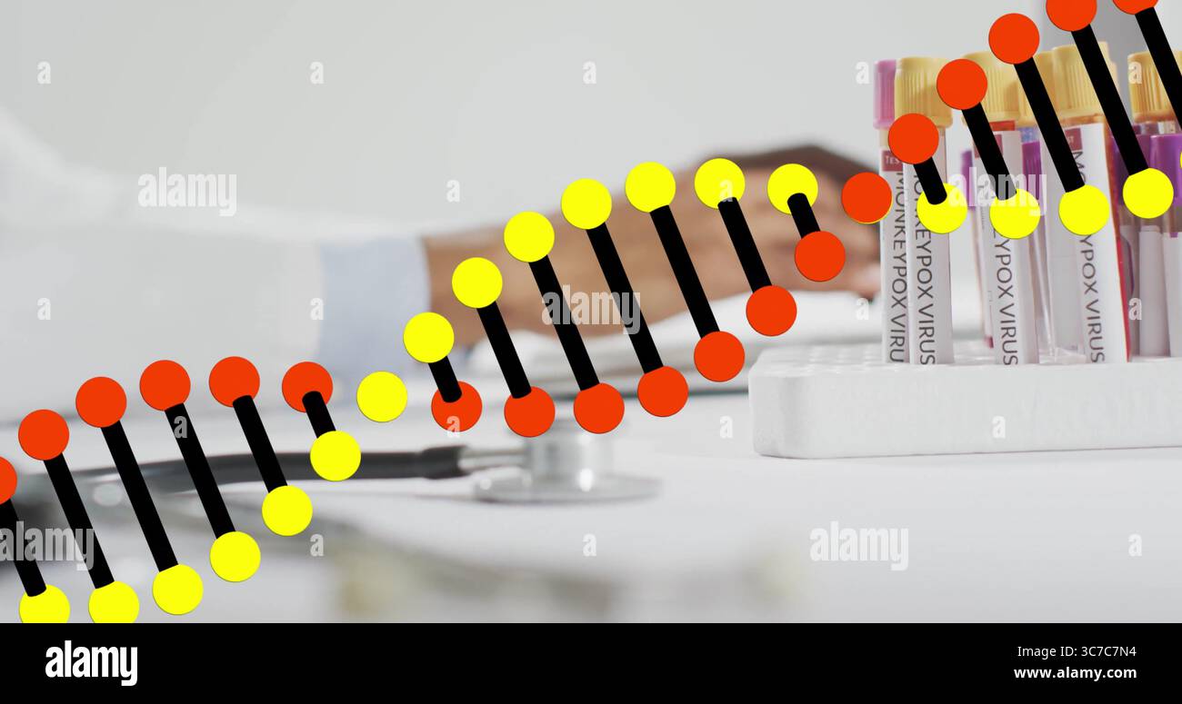 Reaching forearm toward keys on lab table with monkeypox test tubes ...