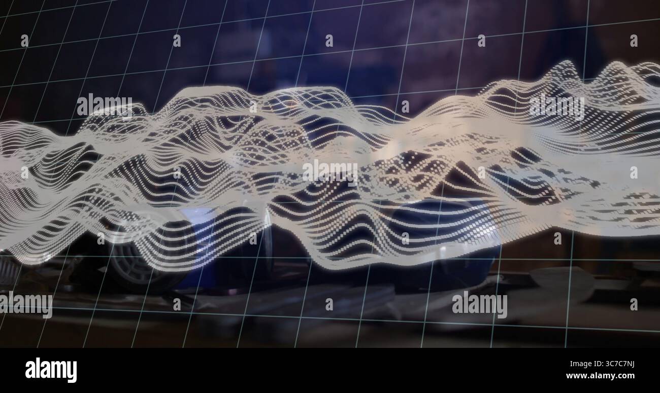 Displaying semi-transparent grid and white dotted waveform hovering over office desk, with keyboard Stock Photo