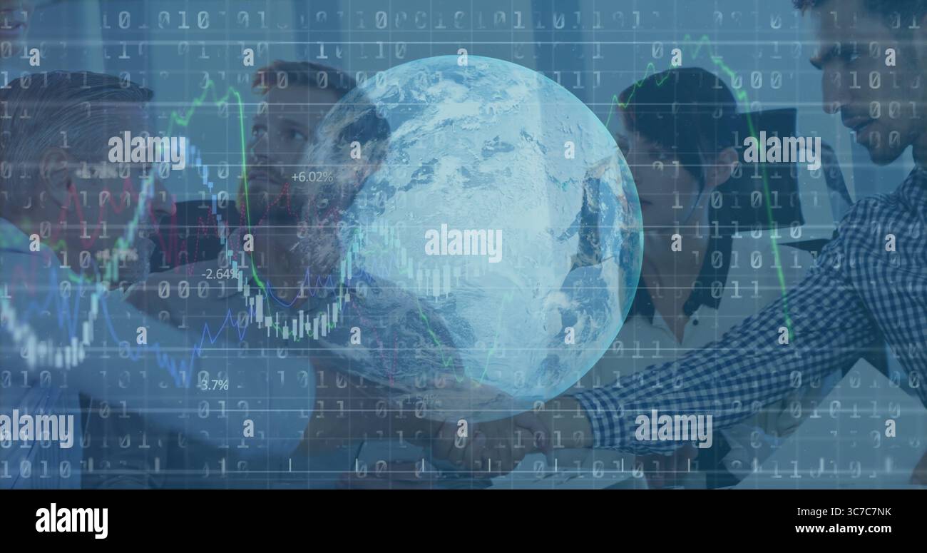 five professionals analyzing data on laptops in office boardroom, with rotating globe overlay Stock Photo