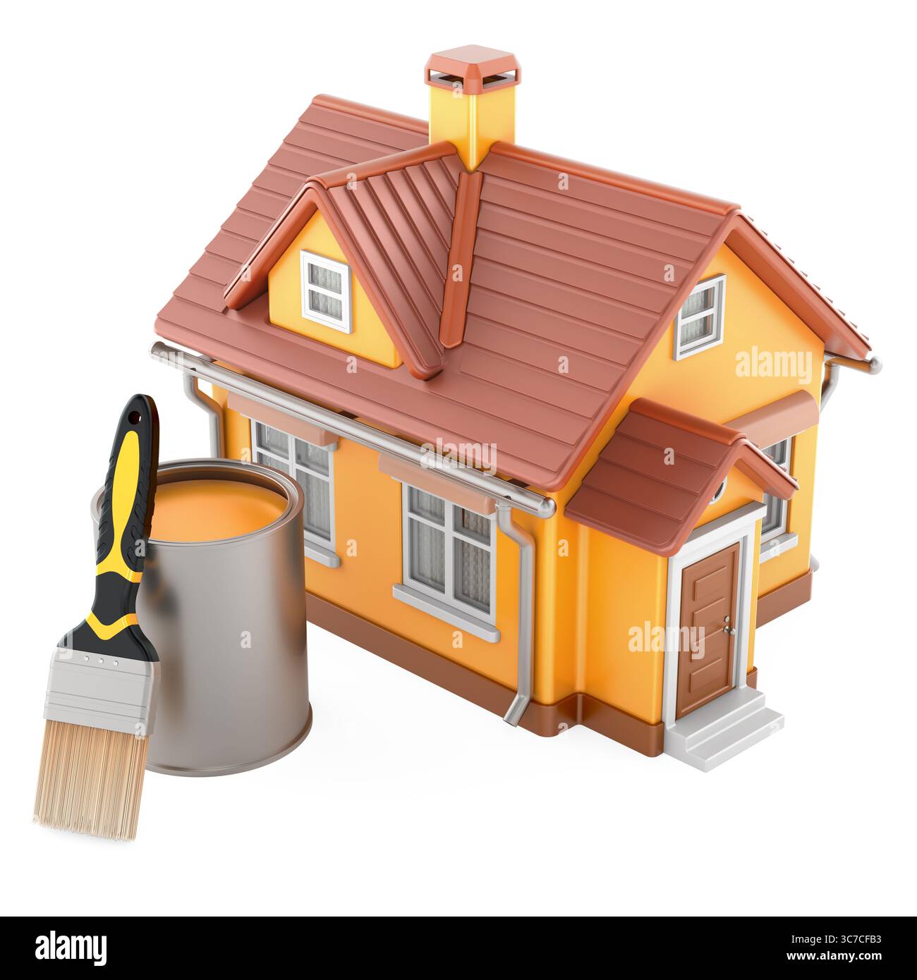 House with paint can and brush, home renovation concept. 3D rendering isolated on white background Stock Photo