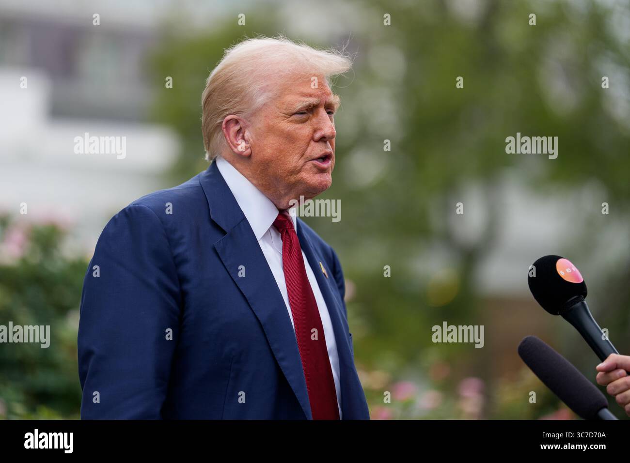United States President Donald J Trump gives remarks to the media as he ...