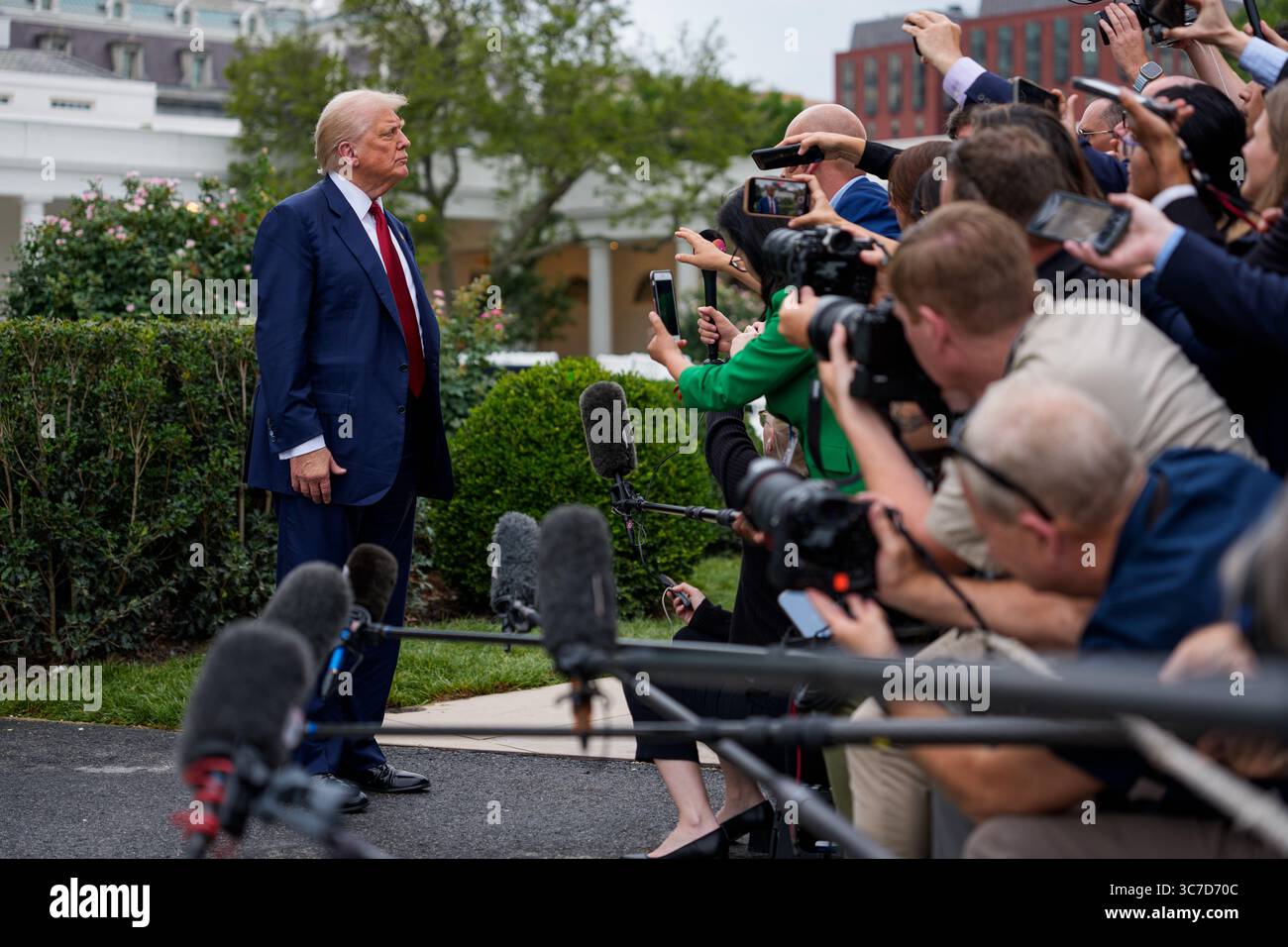 United States President Donald J Trump gives remarks to the media as he ...