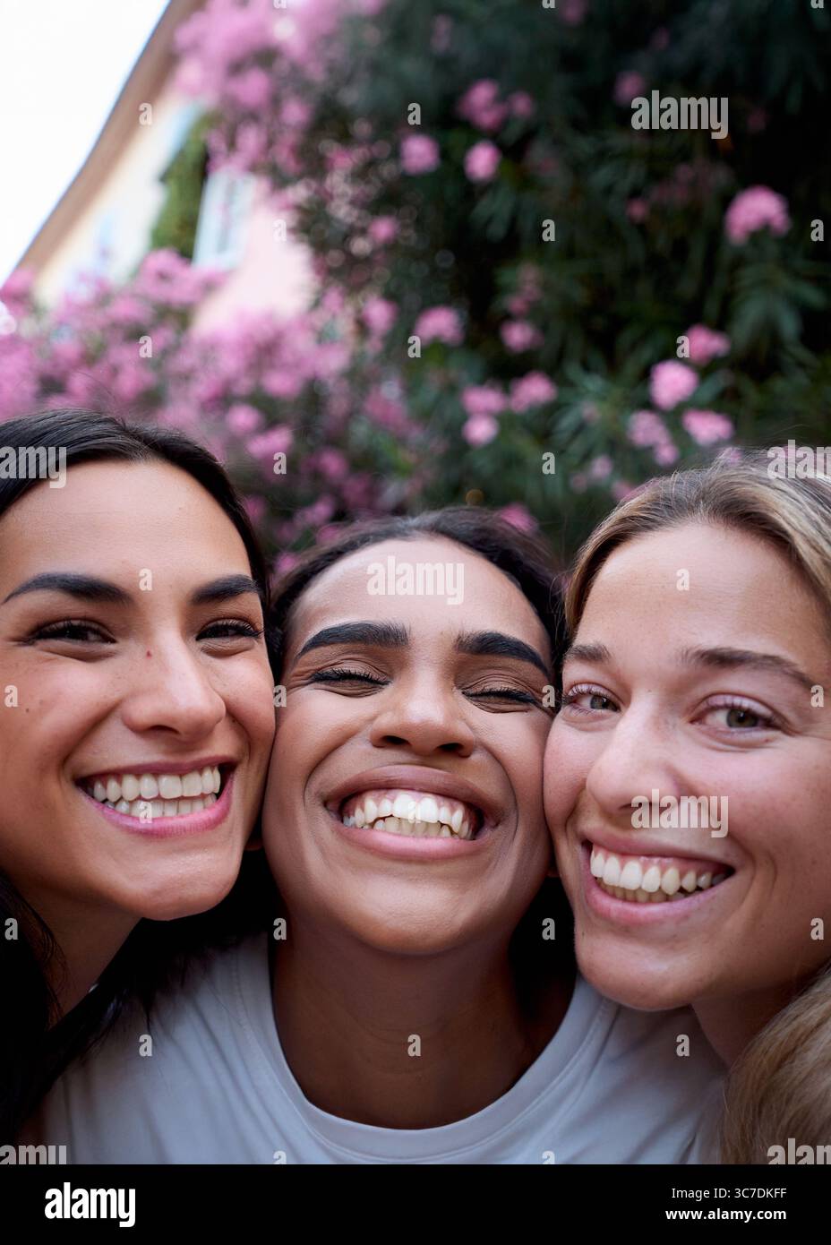 Three happy young women smiling together outdoors Stock Photo