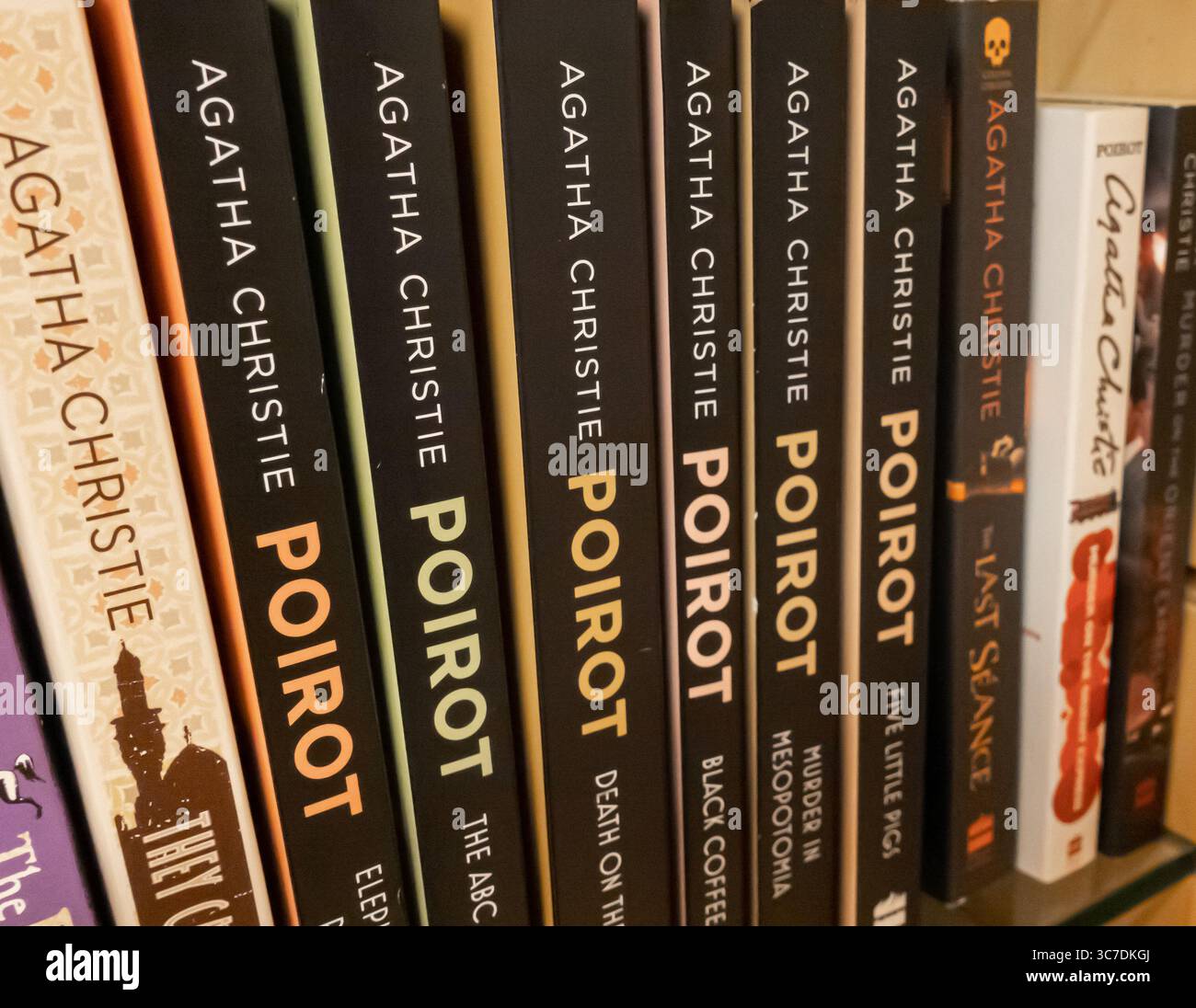 Agatha Christie Poirot books on shelf Stock Photo