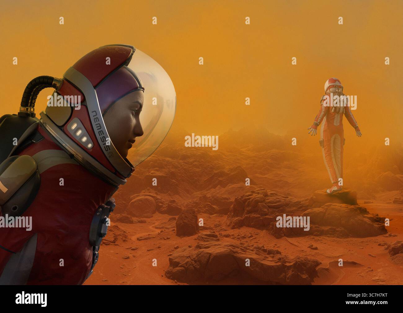 Illustration of astronauts on the Mars surface during a sandstorm Stock ...