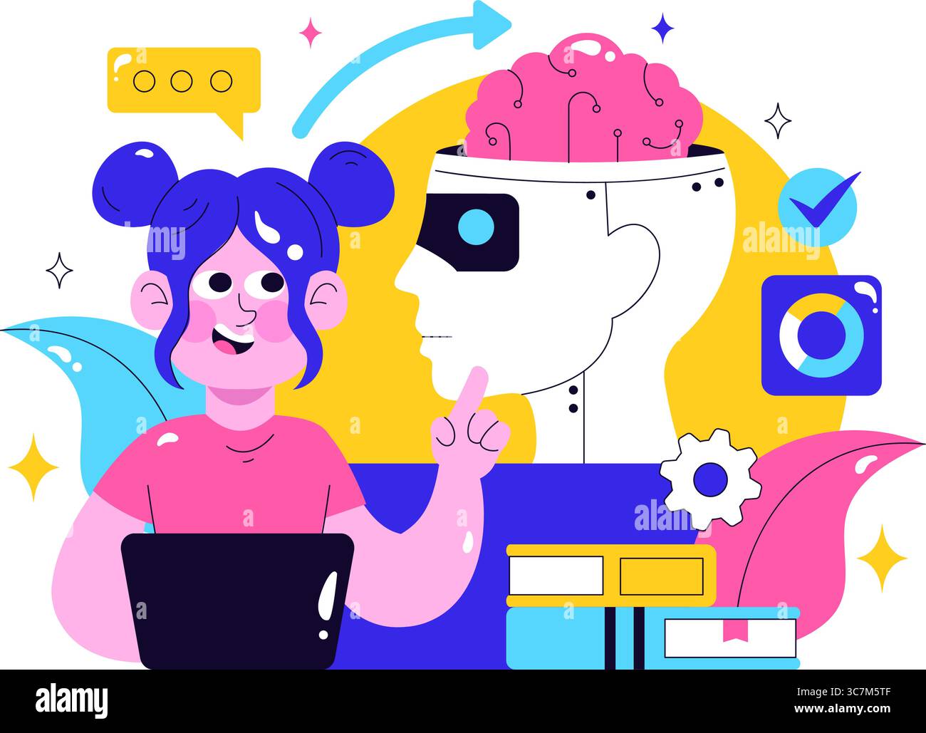 Machine Learning Vector Illustration featuring Artificial Intelligence Jobs, Scientists Working with Big Data and Technology Engineers in a Background Stock Vector