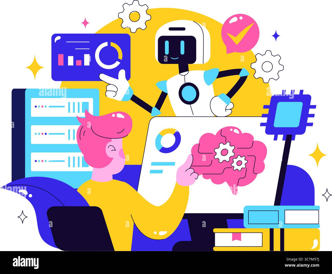 Machine Learning Vector Illustration featuring Artificial Intelligence Jobs, Scientists Working with Big Data and Technology Engineers in a Background Stock Vector