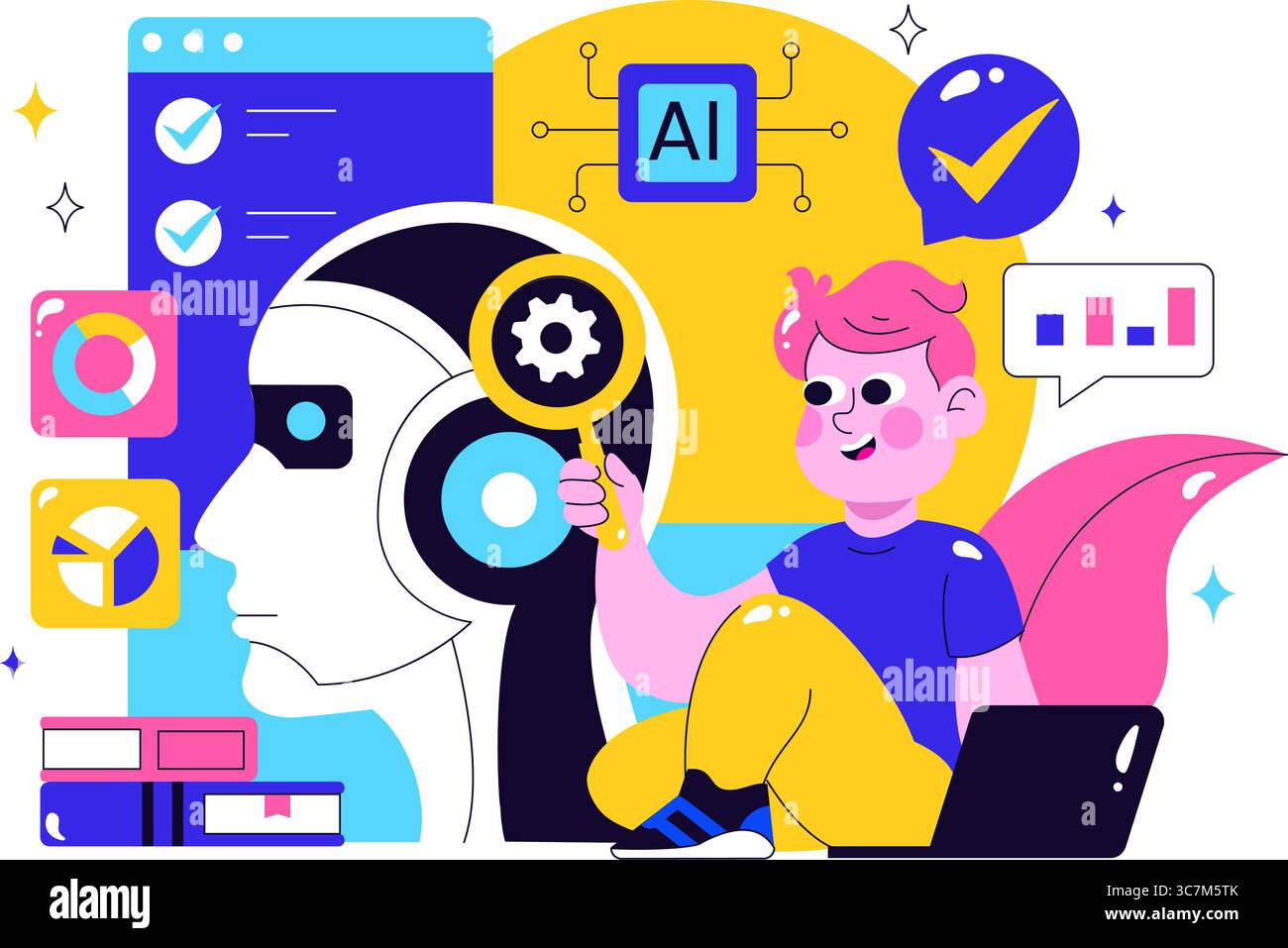 Machine Learning Vector Illustration featuring Artificial Intelligence Jobs, Scientists Working with Big Data and Technology Engineers in a Background Stock Vector