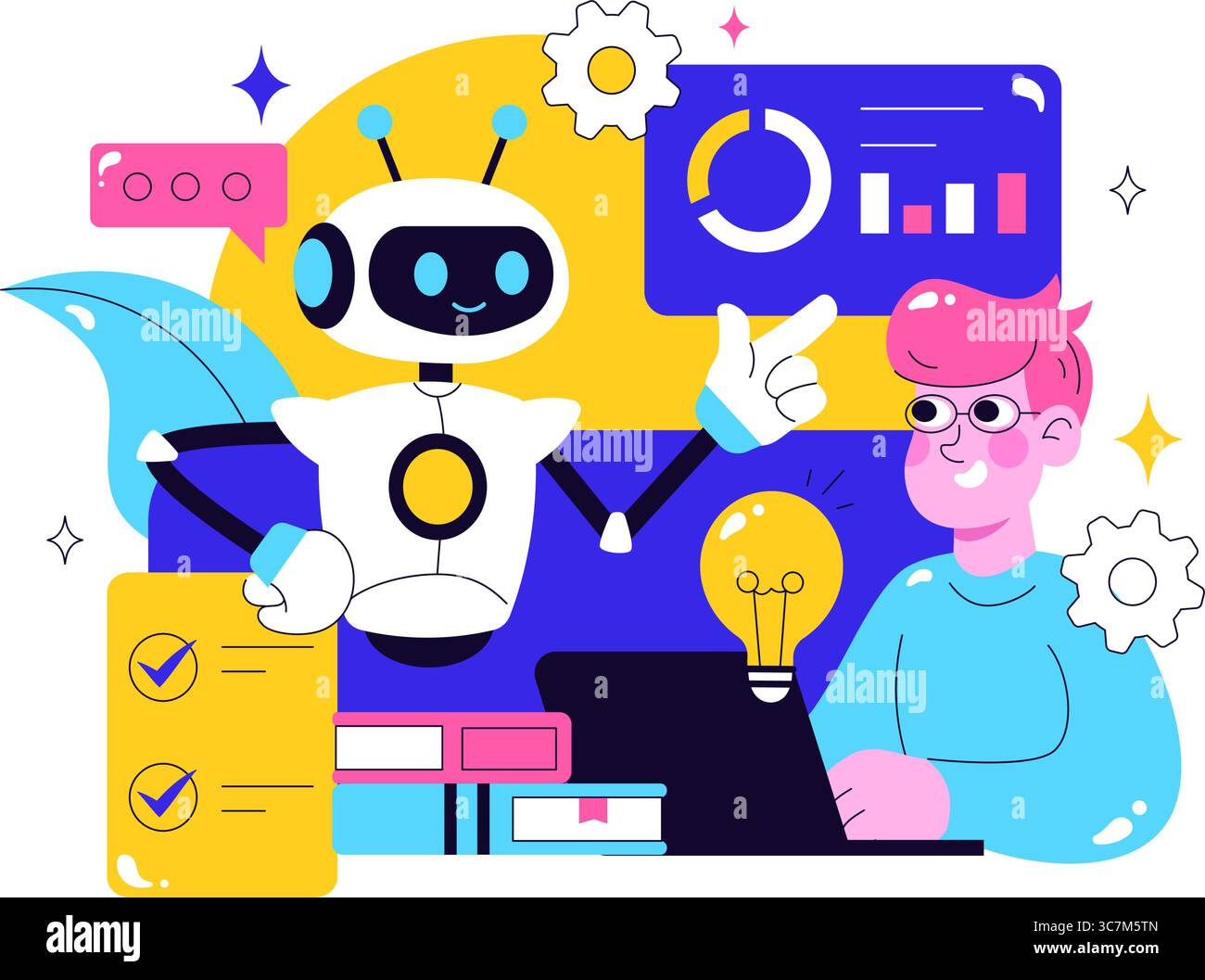 Machine Learning Vector Illustration featuring Artificial Intelligence Jobs, Scientists Working with Big Data and Technology Engineers in a Background Stock Vector
