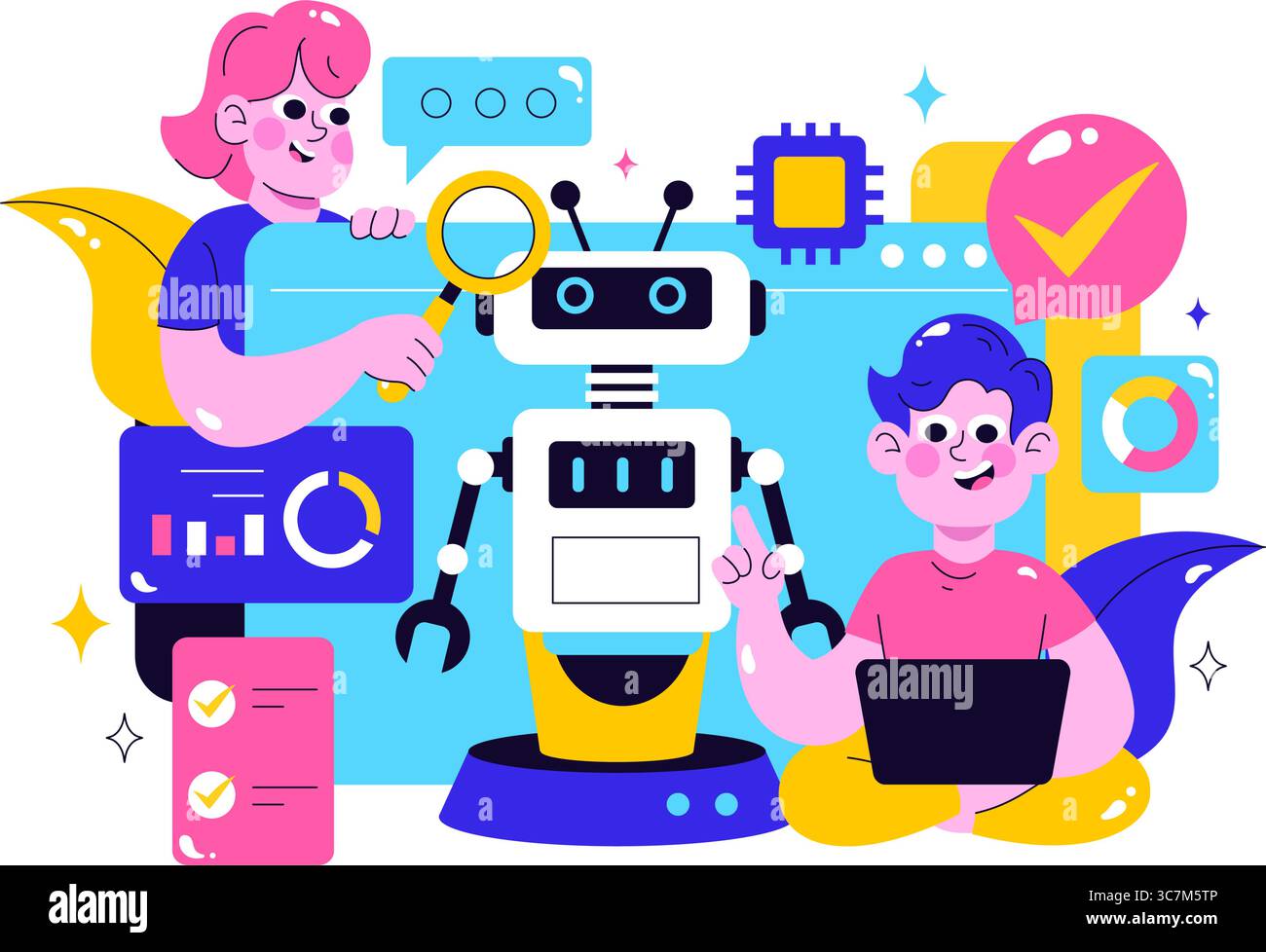 Machine Learning Vector Illustration featuring Artificial Intelligence Jobs, Scientists Working with Big Data and Technology Engineers in a Background Stock Vector