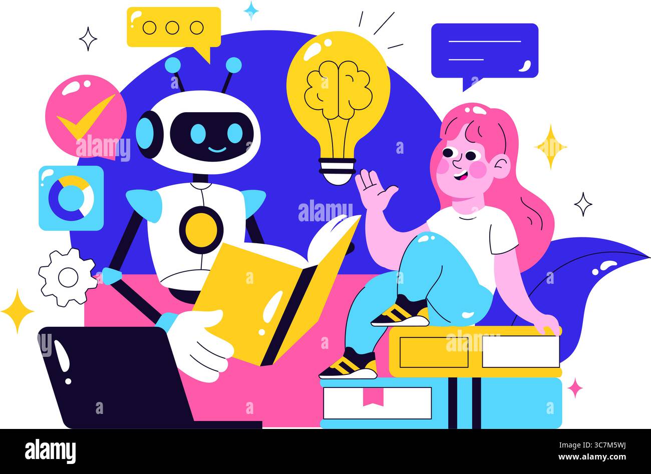 Machine Learning Vector Illustration featuring Artificial Intelligence Jobs, Scientists Working with Big Data and Technology Engineers in a Background Stock Vector