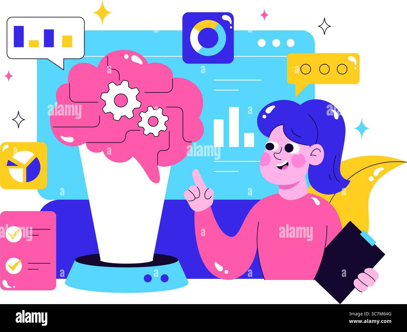 Machine Learning Vector Illustration featuring Artificial Intelligence Jobs, Scientists Working with Big Data and Technology Engineers in a Background Stock Vector
