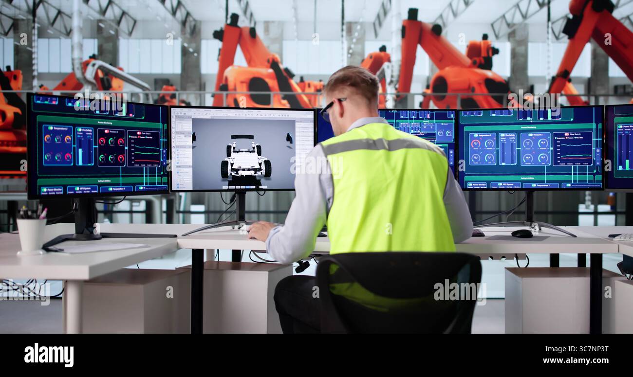 Young Engineer Using PC To Assemble Electric Cars In Factory. Stock Photo