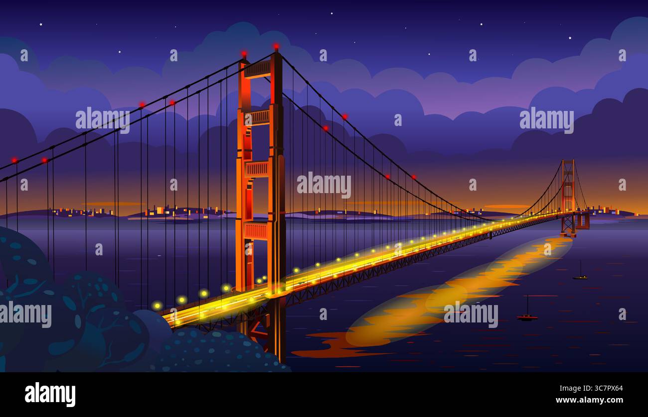 The Golden Gate Bridge across the strait. San Francisco. Night view. Vector illustration Stock Vector