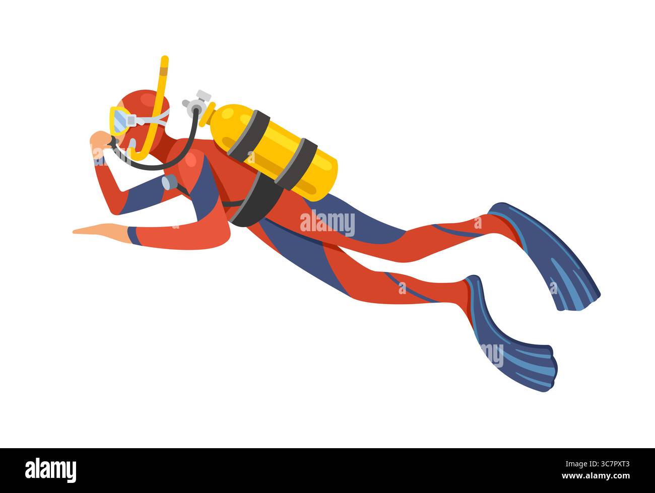 Scuba diver, diver in equipment, in a red suit on a white background. Vector illustration in cartoon style Stock Vector