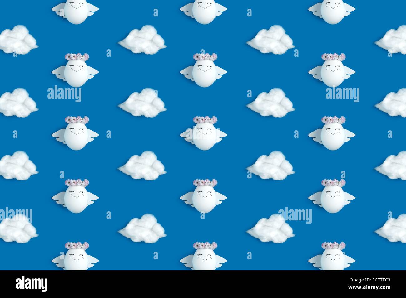 An Easter pattern of angels and clouds on a blue background. Decorated Easter eggs. Stock Photo