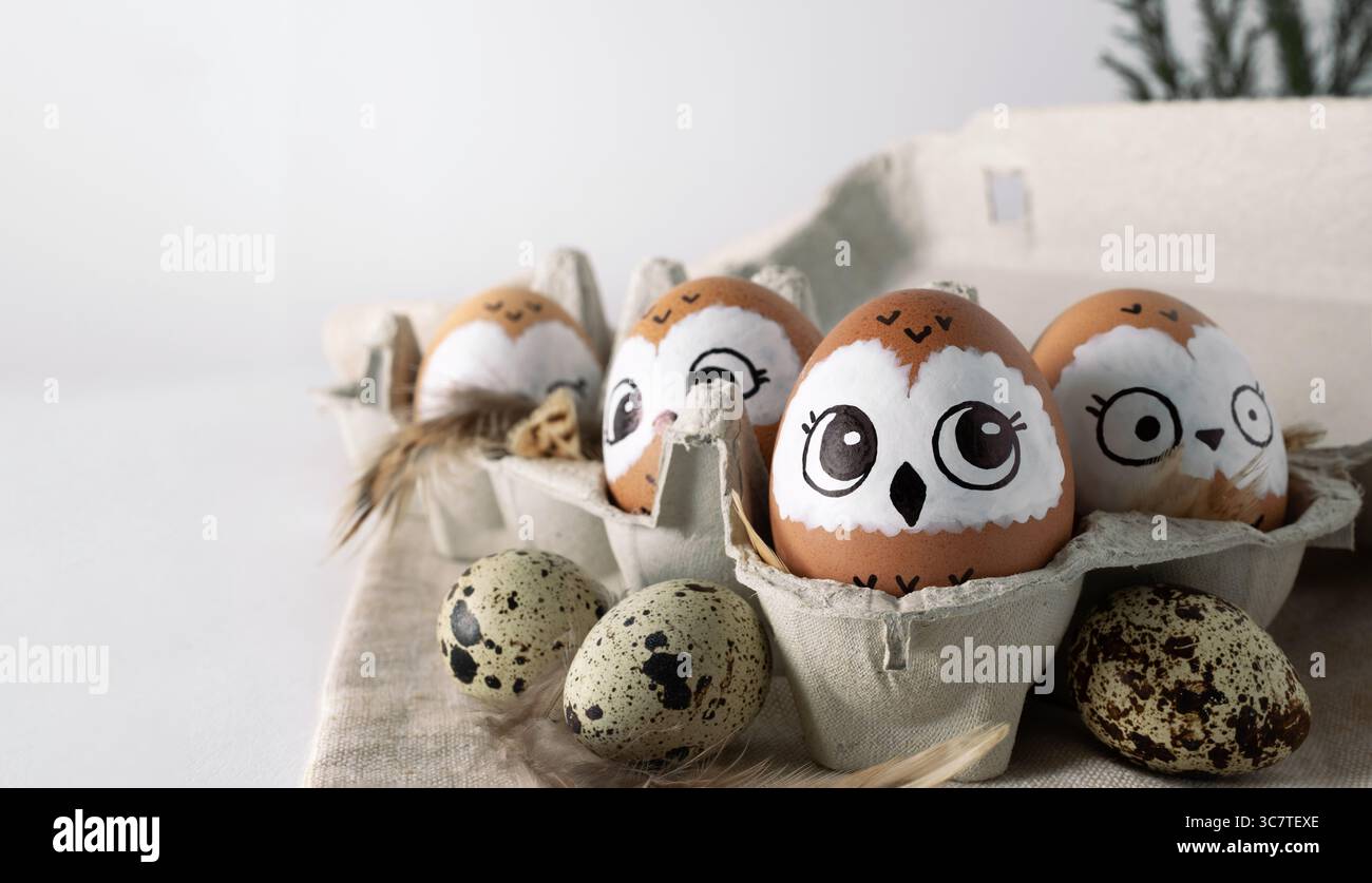 Funny owls. Brown Easter eggs in egg packs. Easter decorations. Stock Photo