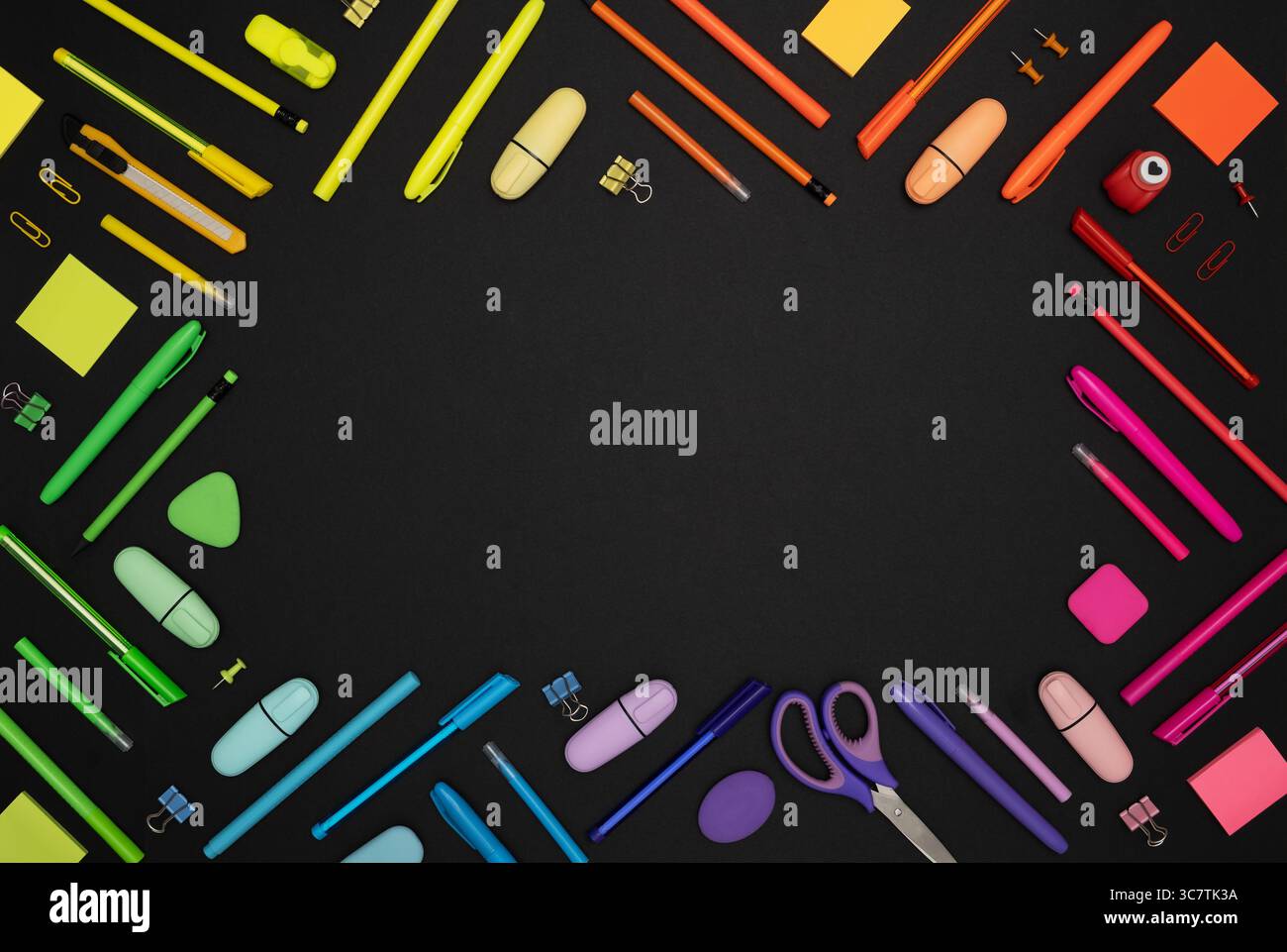 Rectangular frame of colorful rainbow school and office stationery set ...