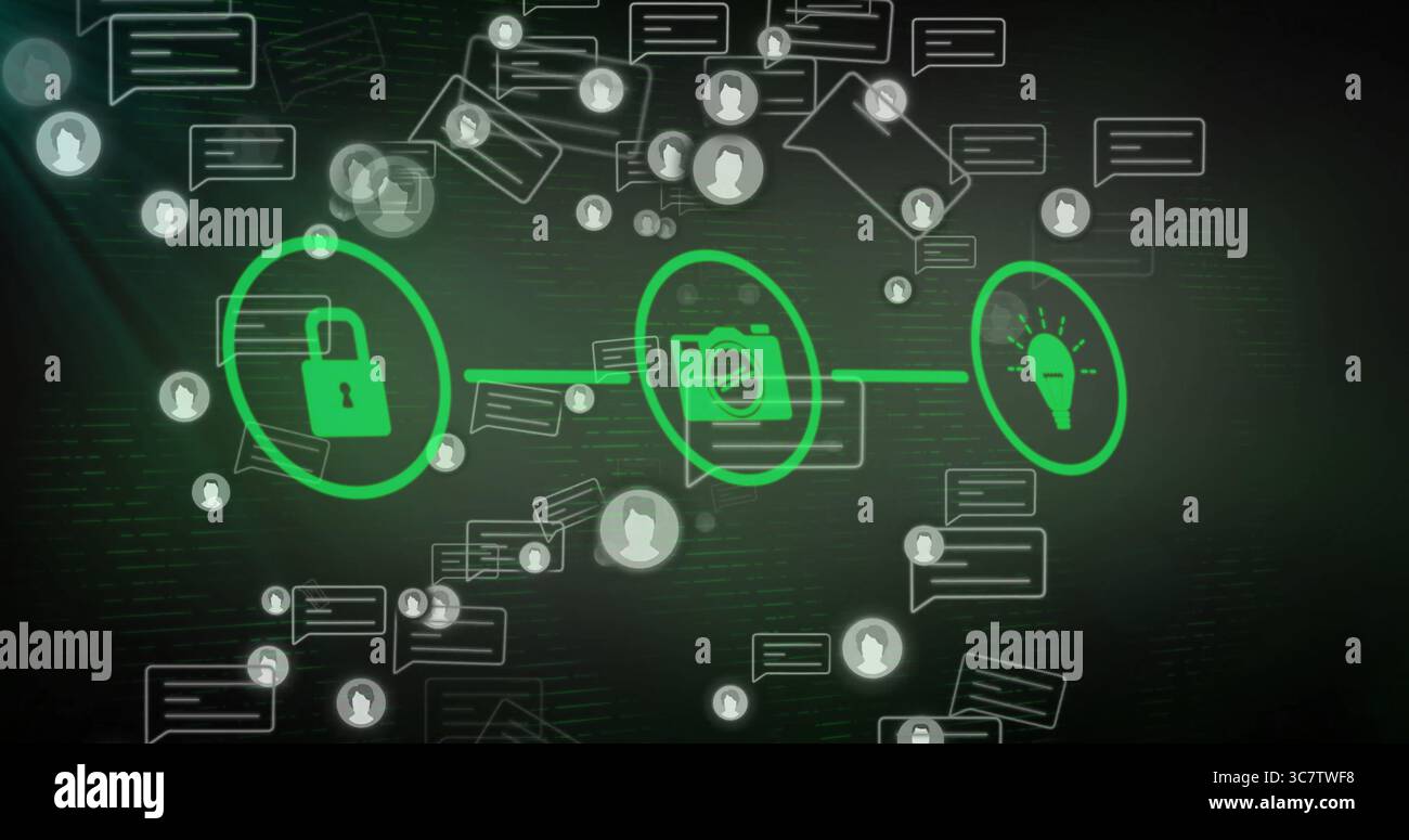 Displaying network connecting padlock, camera, lightbulb icons on dark interface with chat bubbles Stock Photo
