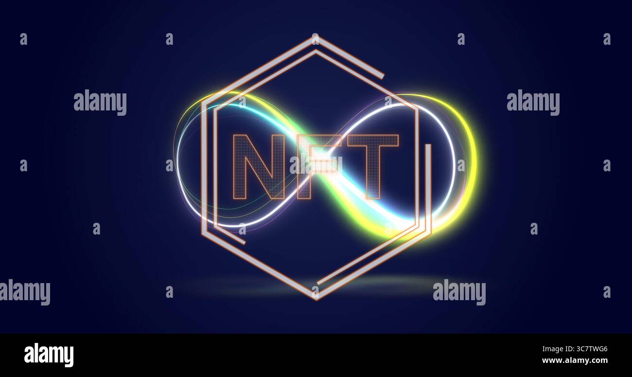 Displaying neon infinity loops around segmented hexagon in studio with pixelated NFT and reflection Stock Photo