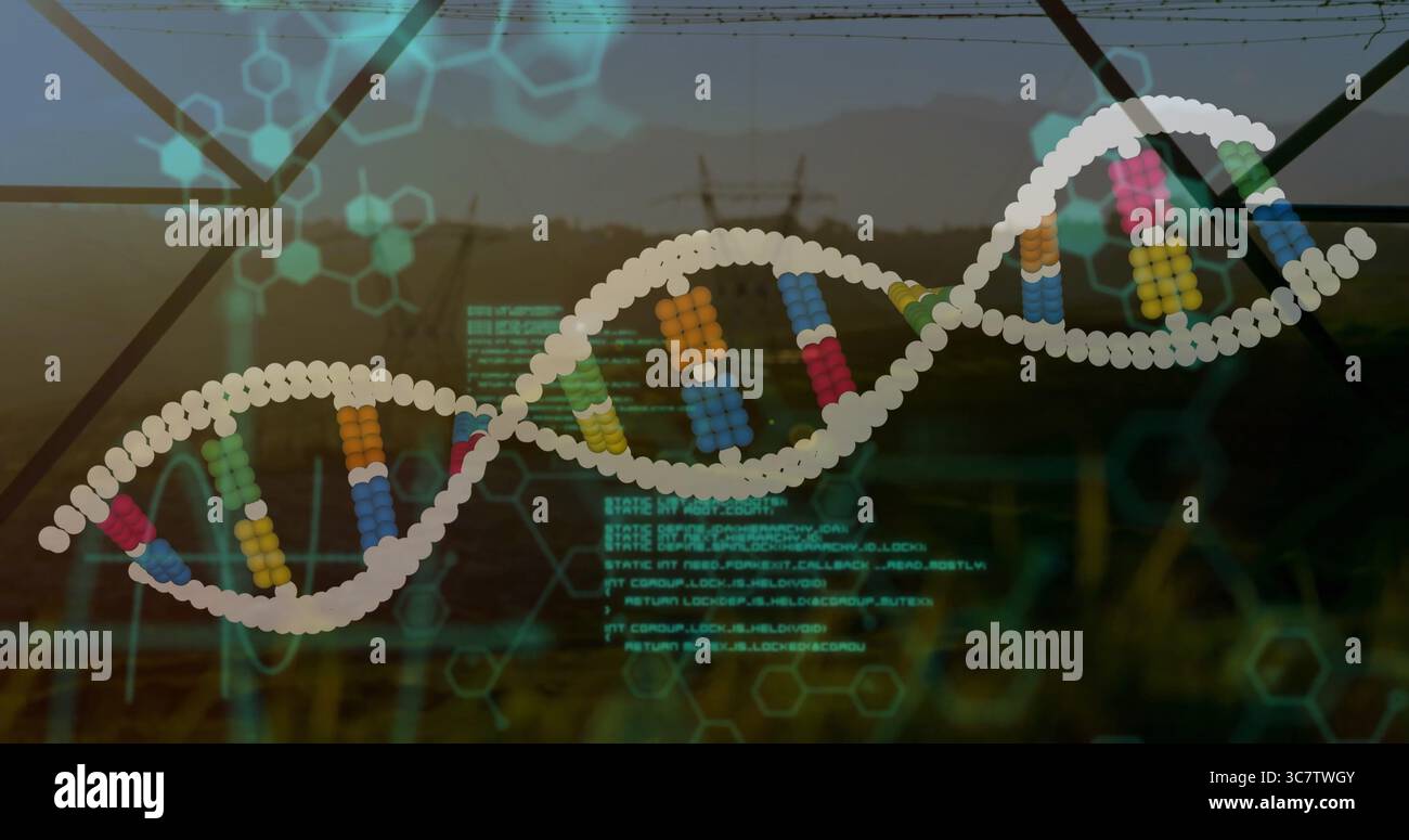 Floating stylized 3D double helix model moving above open fields with base pairs and code overlays Stock Photo