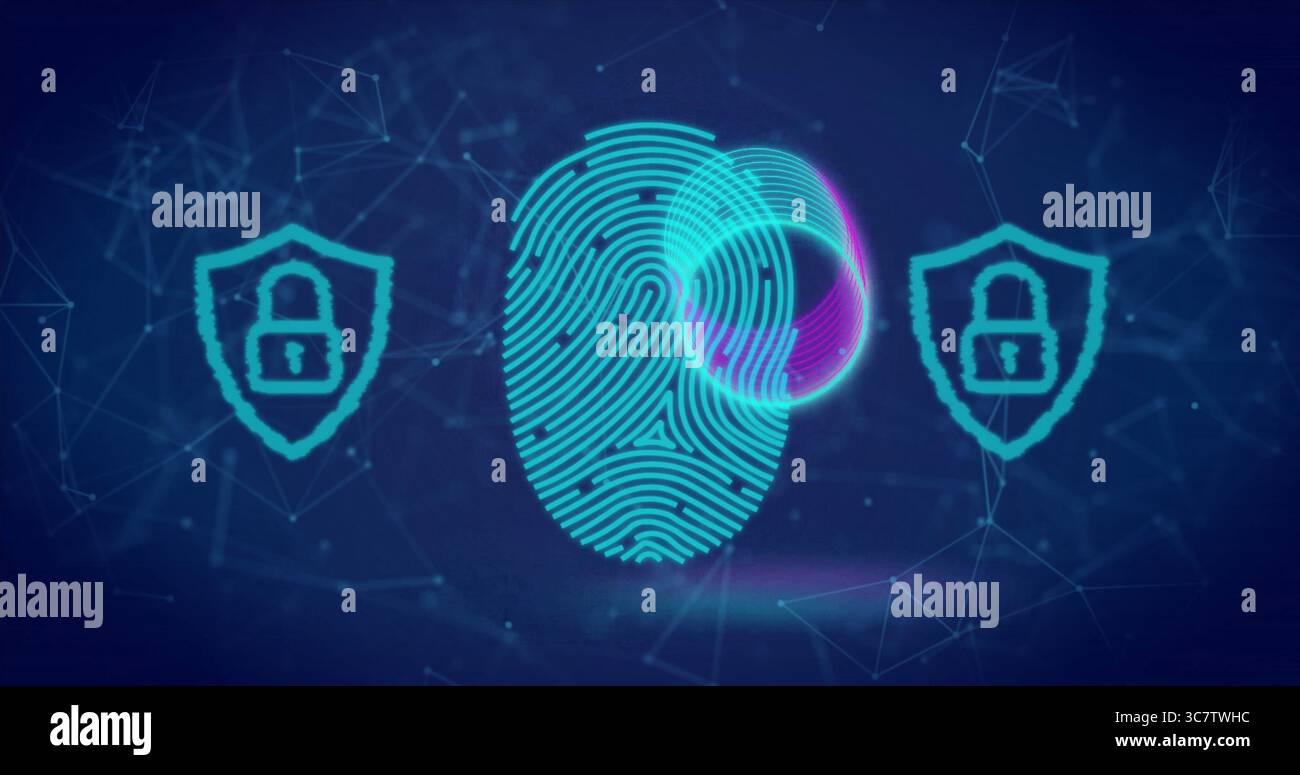 Showing fingerprint icon hovering over digital interface, with shield padlocks and network lines Stock Photo