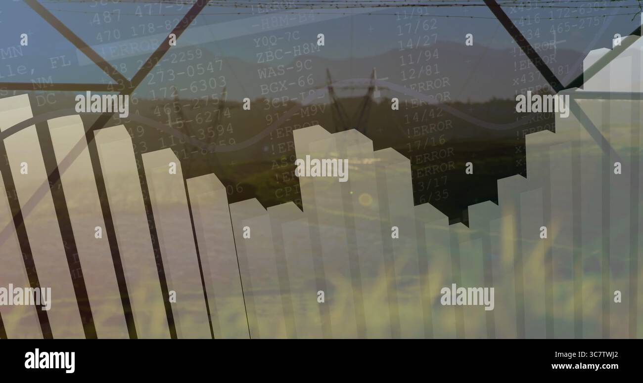 Displaying 3D bar chart in virtual space, with code strings, error text and mountain silhouette Stock Photo