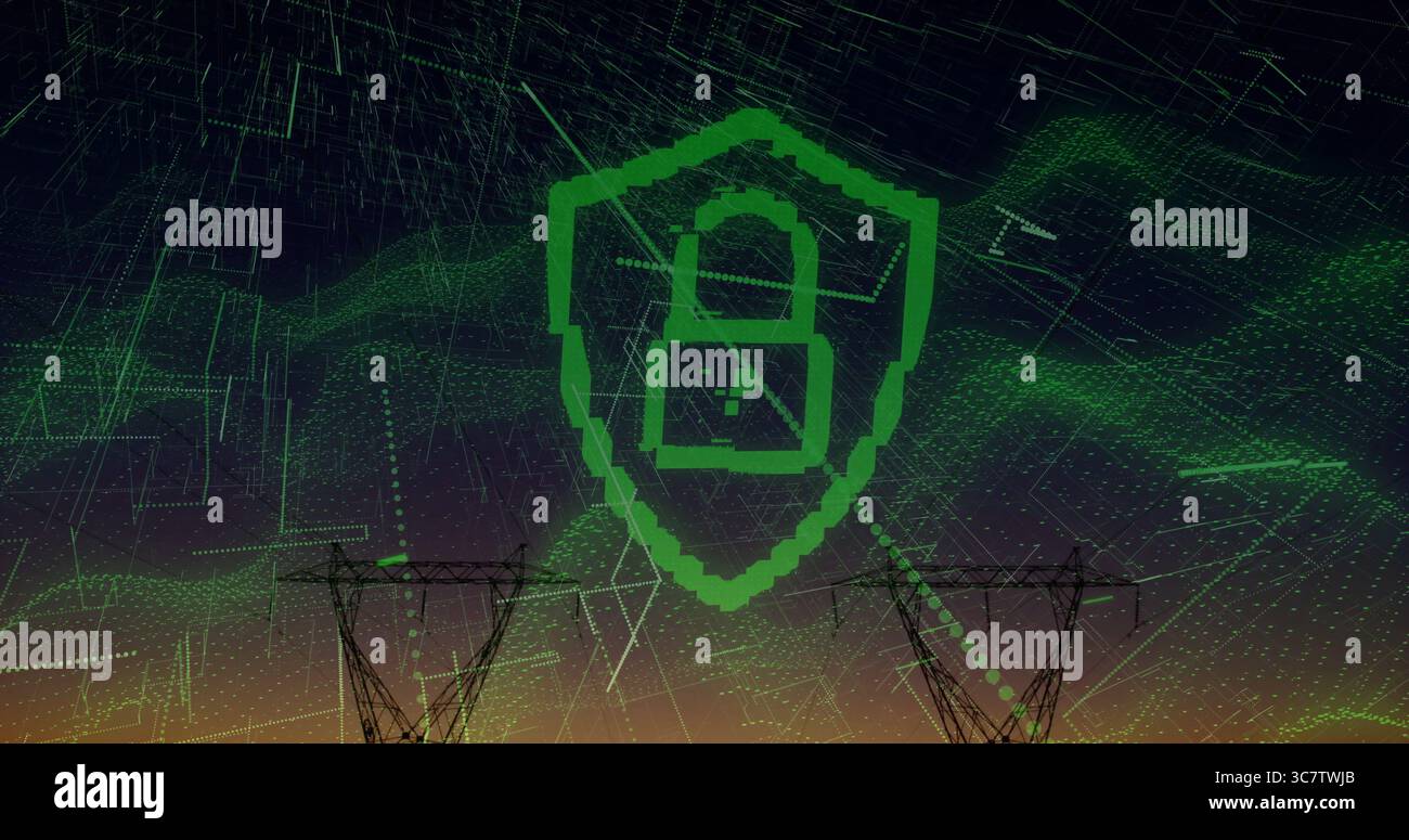 Pixelated green shield bearing padlock icon hovering over power towers at dusk, with grid lines Stock Photo