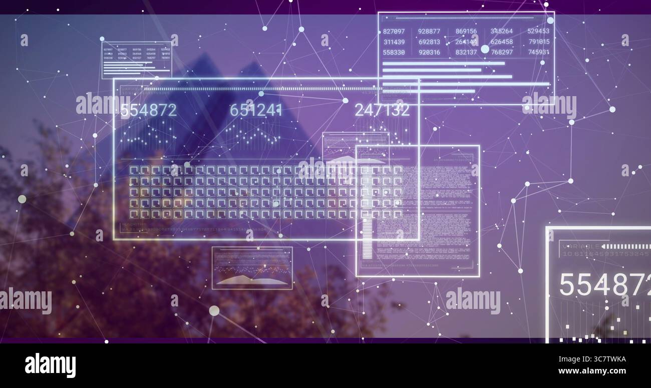 Displaying data panel showing charts with numbers overlaying tree-lined dusk sky, with network mesh Stock Photo