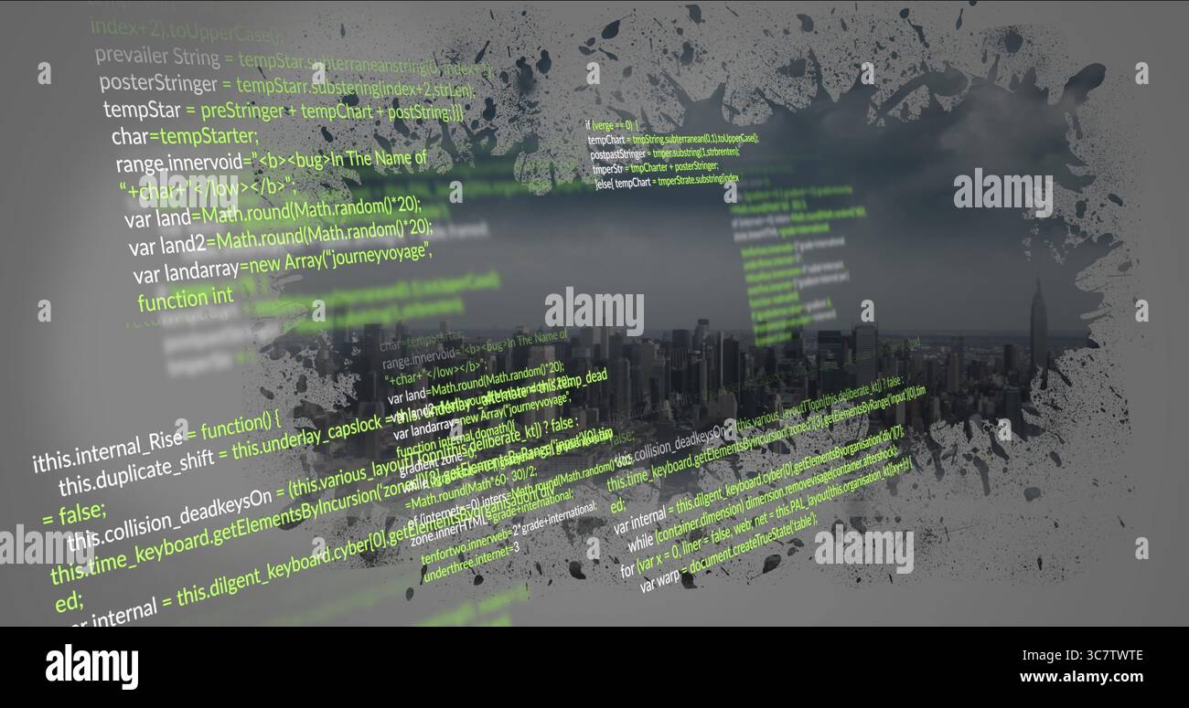Displaying JavaScript snippets and ink splatter blending over skyline under clouds, tech punk vibe Stock Photo