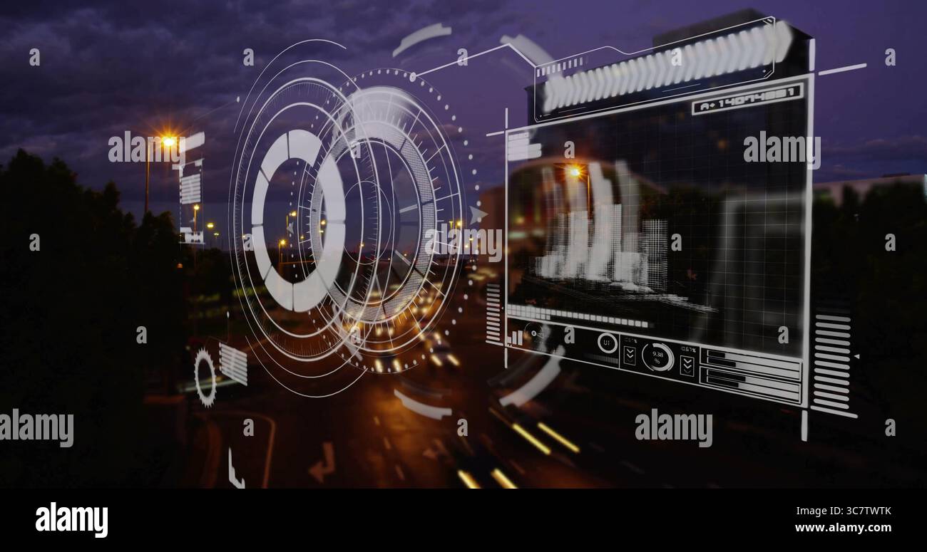 Projecting holographic interface over roadway at dusk, with circular HUD graphics, data panel Stock Photo