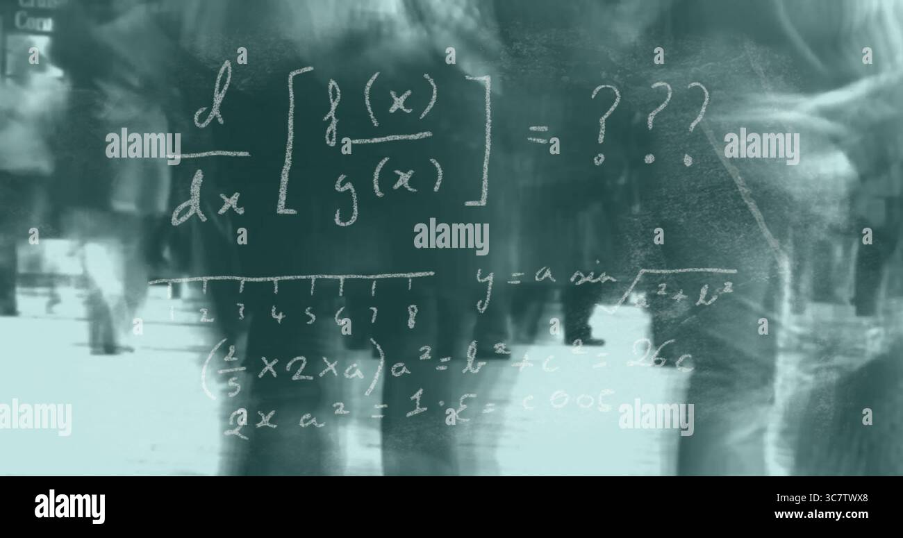 Floating chalk-style math equations drifting across city sidewalk, over blurred crowd Stock Photo